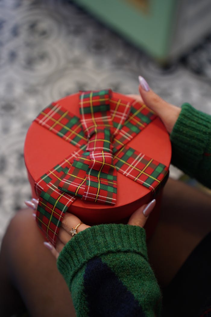 A red gift box with plaid tartan ribbon being held in hands, perfect for Christmas or celebratory occasions.